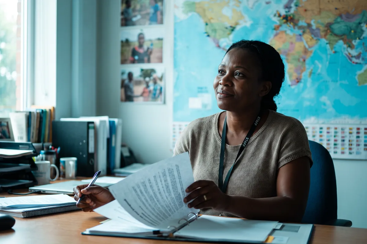 An NGO grant writer works through a printed proposal at her desk, a world map on the wall behind her.