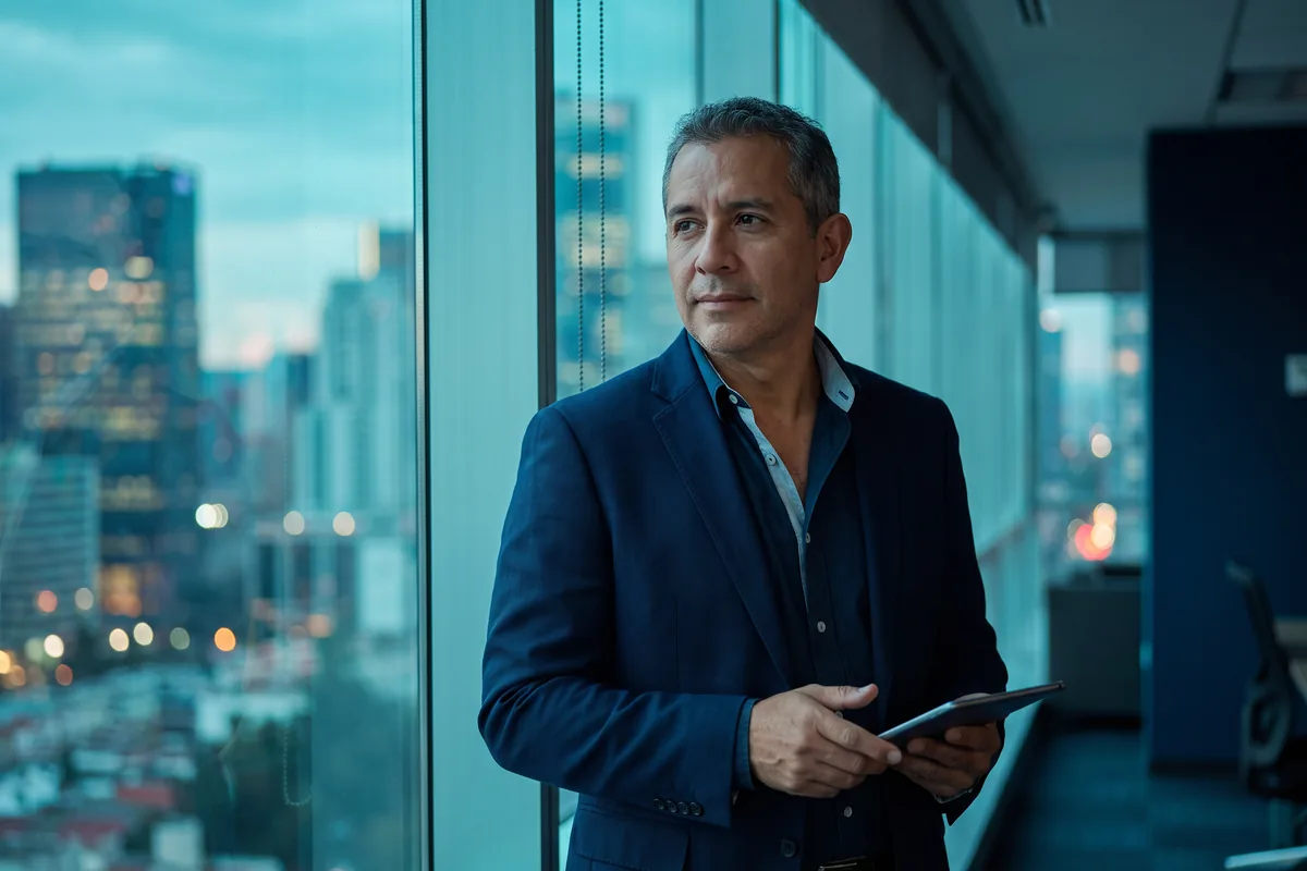 A regional economic development director holds a tablet at an office window overlooking a city skyline at dusk.