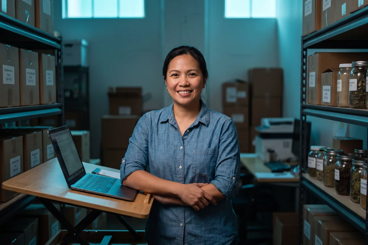A small import-business owner stands beside her laptop between shelves of stock in her warehouse office.
